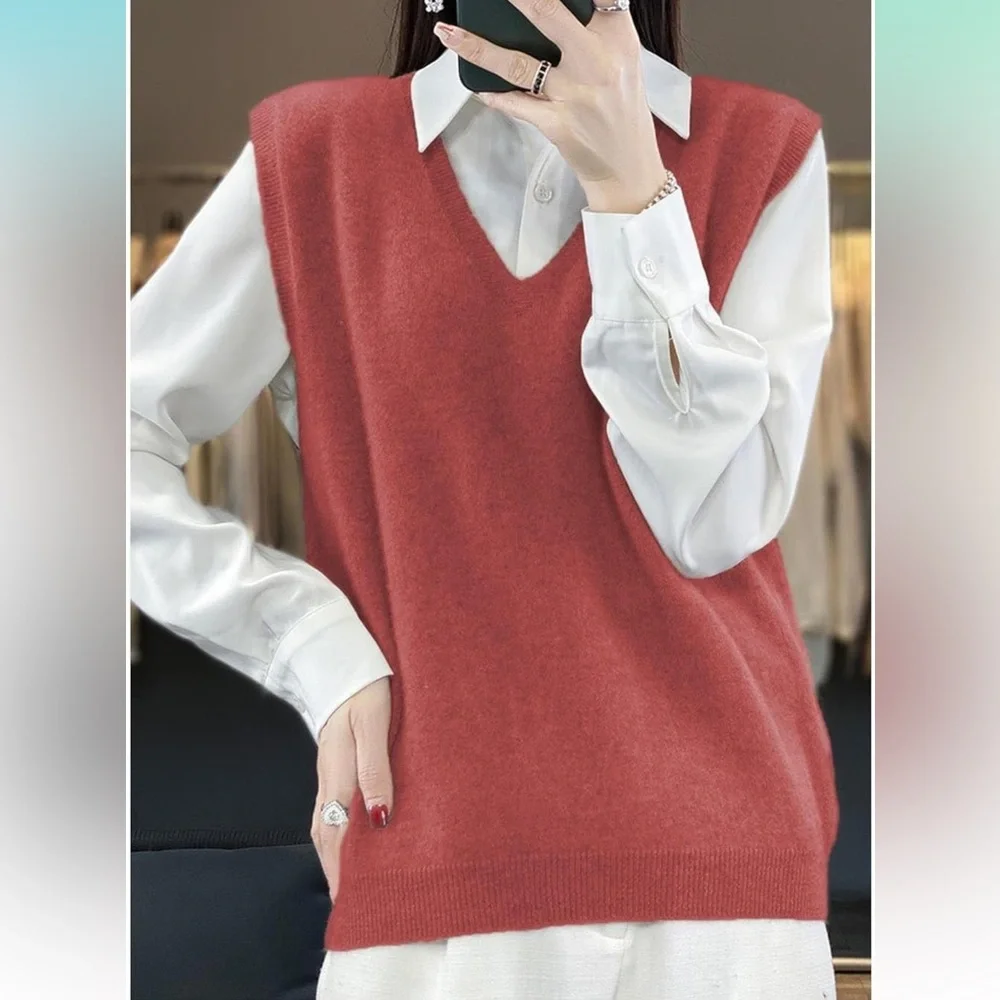 Vintage 100% Cashmere Sweater Vest Rust Red Made in Scotland M - Picture 2 of 12